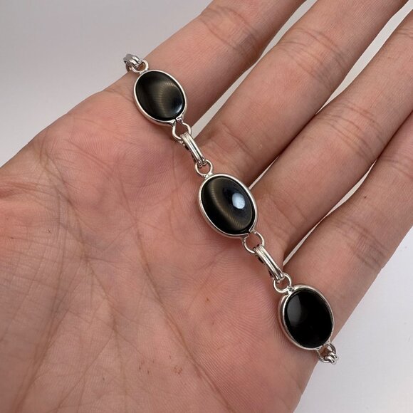 VTG Sterling Silver 925 Black Onyx Bezel Set Station Bracelet Size 7.75" Length - Picture 5 of 10
